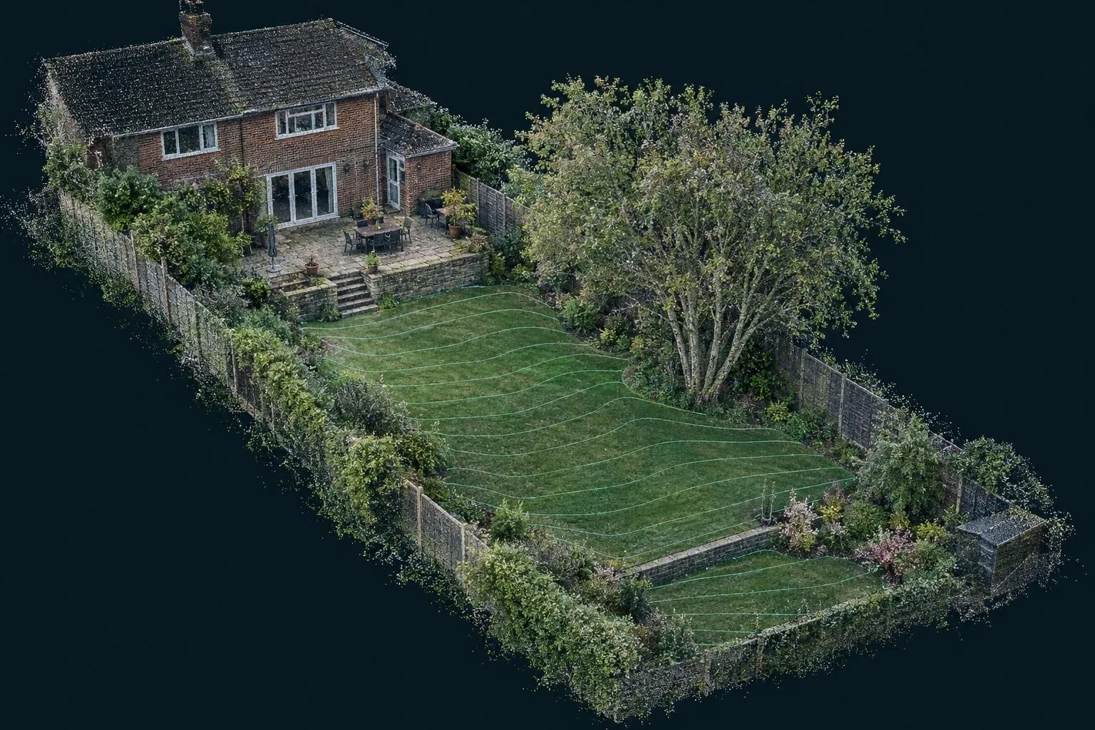 3D point cloud of a sloping rear garden with level contours