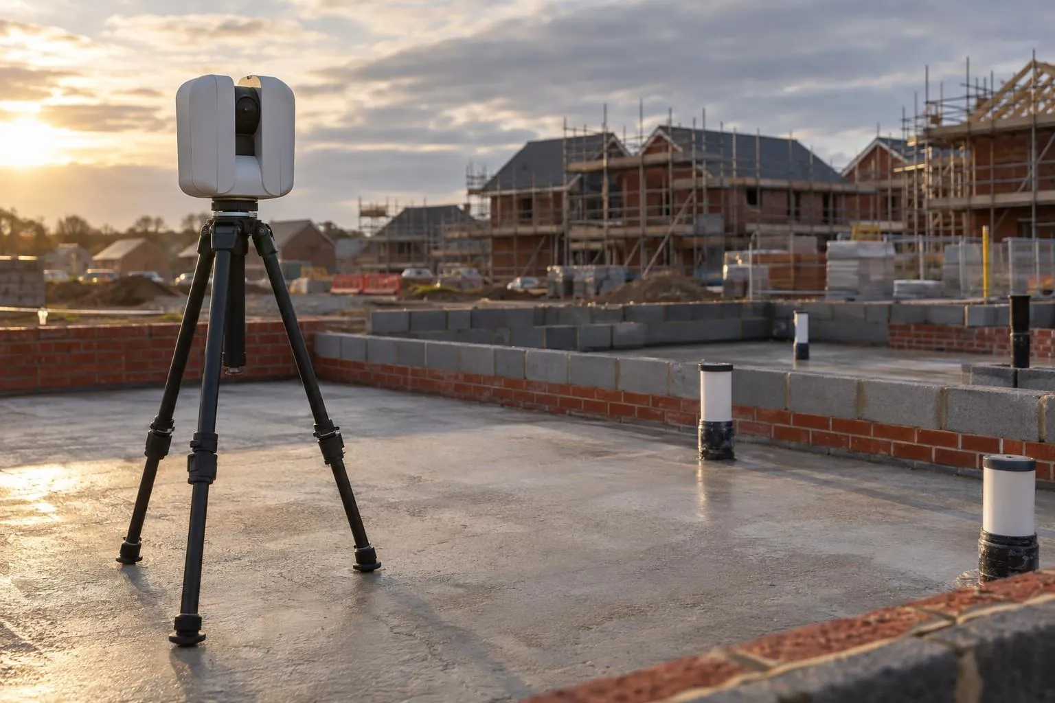 Laser scanner set up on a new-build oversite slab with drain collars and brickwork to DPC