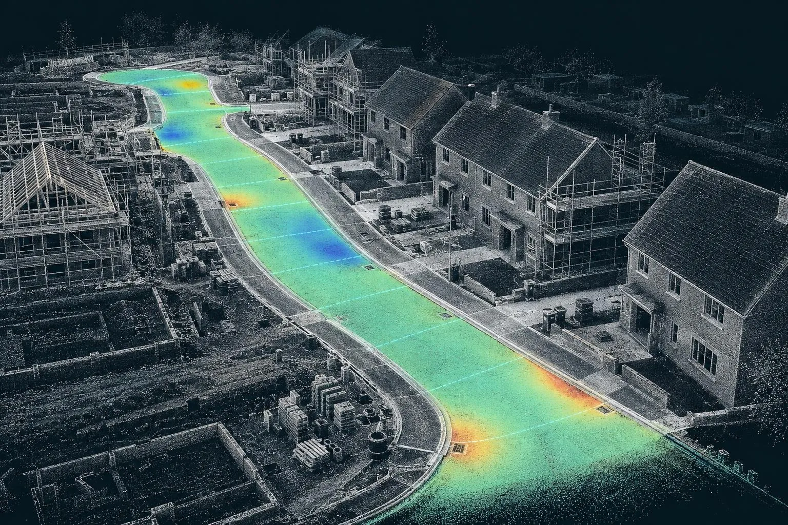 3D point cloud of a new estate road coloured by deviation from design levels