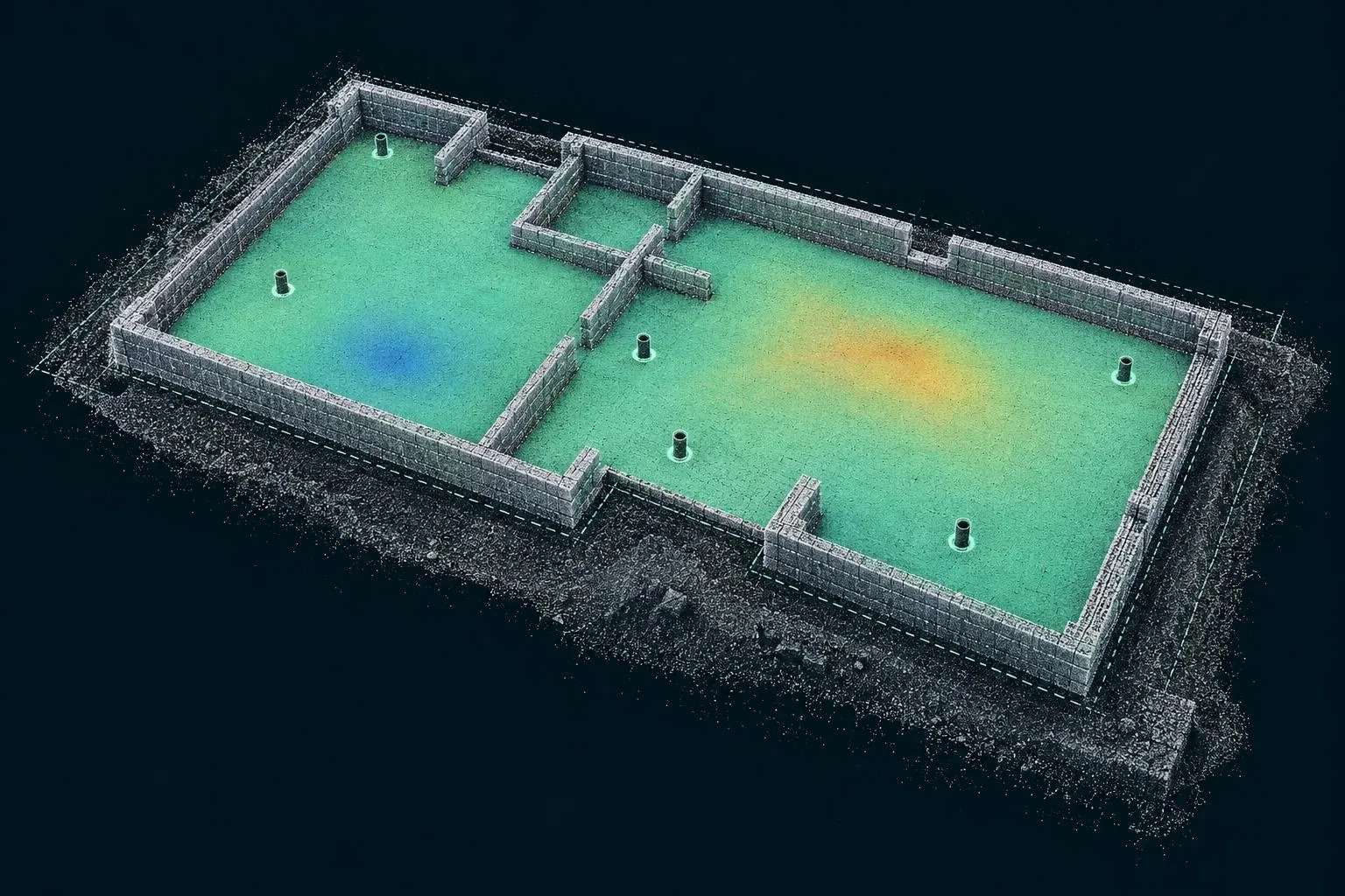 Point cloud of a house oversite slab coloured to show flatness with drain collars highlighted